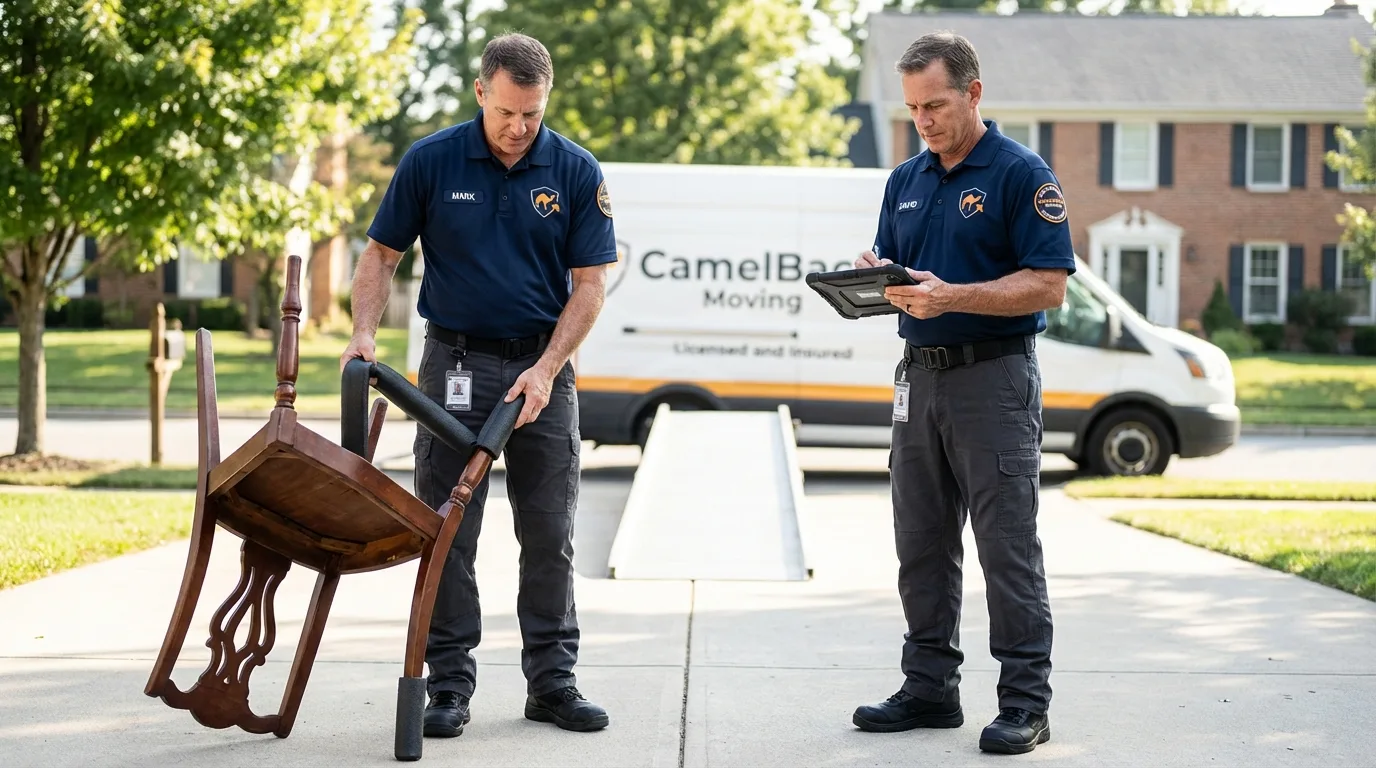 Movers inspecting furniture for damage prevention before loading in Snow Hill, MD