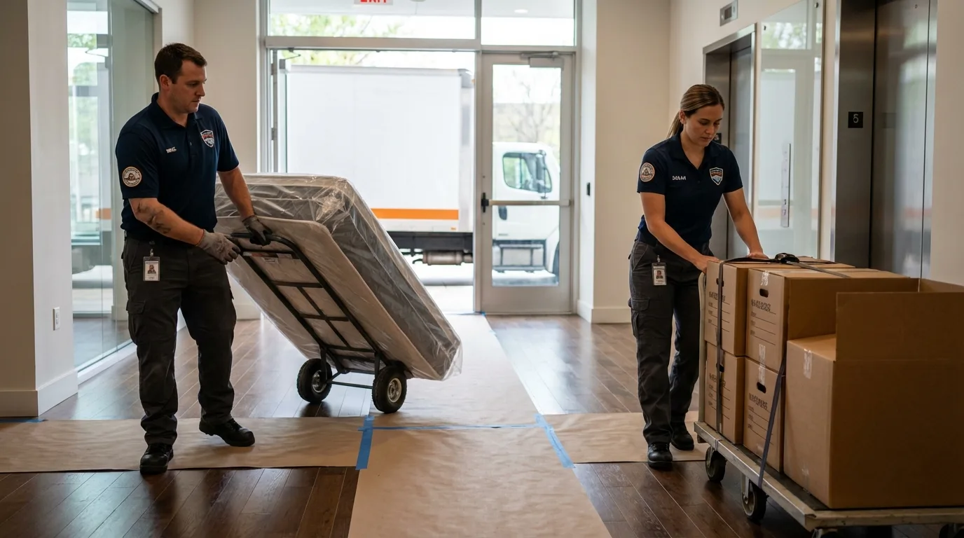 Professional apartment movers loading elevator in Snow Hill, MD