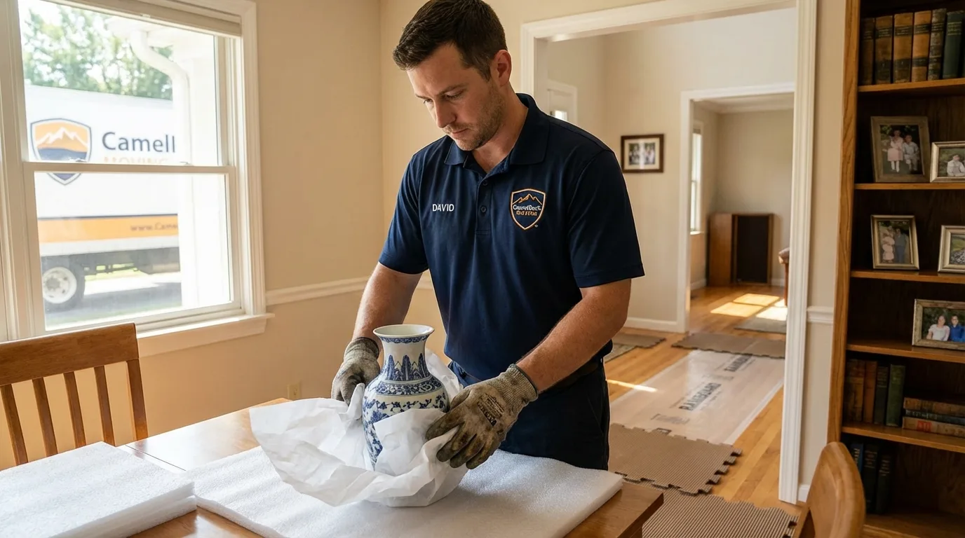 Professional crew carefully wrapping antique vase for senior downsizing move in Snow Hill, MD